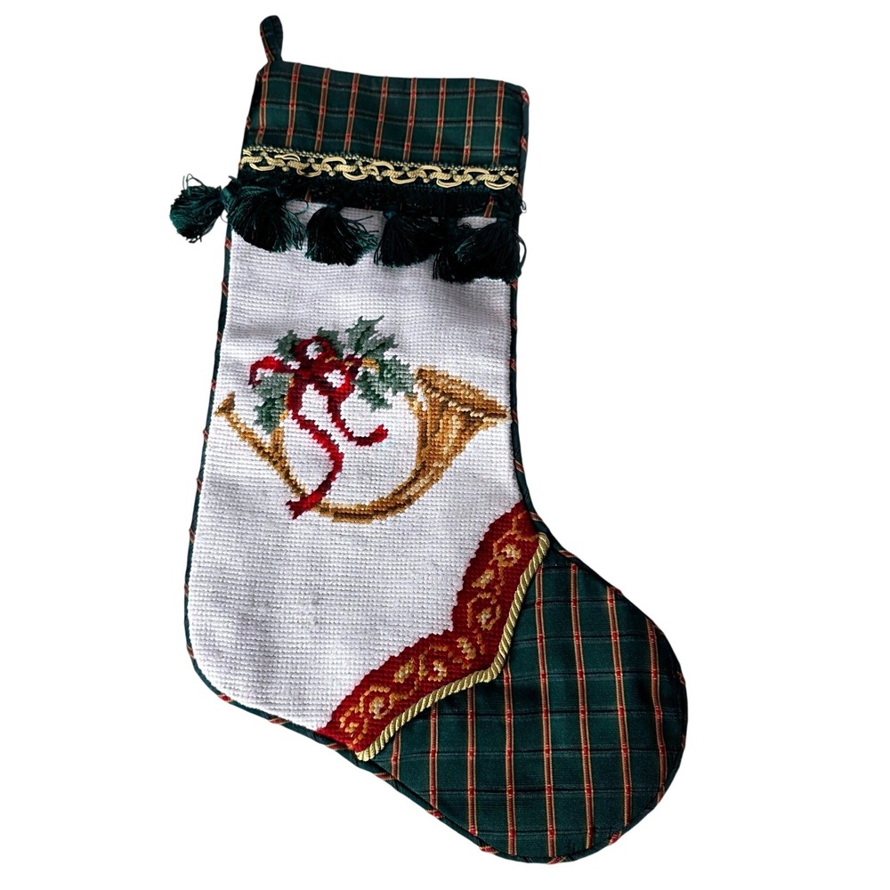 Vtg Christmas Stocking Needlepoint Horn Plenty Tassels Plaid French Horn Tartan